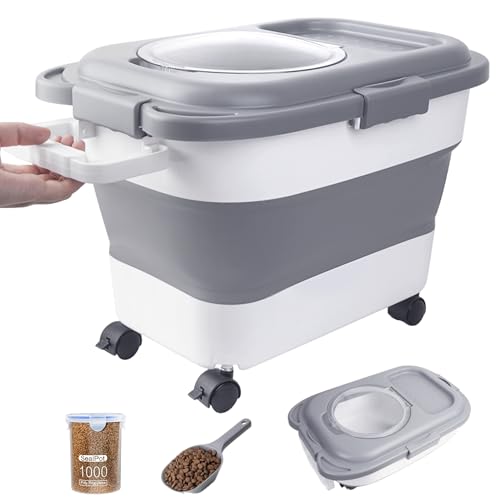 15-23 Lbs Dog Food Storage Container, Collapsible Dog Food Container with Airtight Lid, Wheels, Handle, Large Cat Food Storage Container with Scoop, Dog Bowl for Dog Cat | Dog Food Container with Double Seal & Magnetic Lid,Cat Food Container with Wheels &