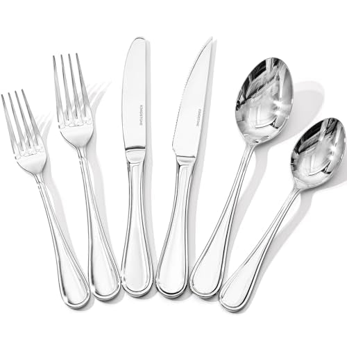 KINGSTONE 48 Piece Silverware Set for 8 with Steak Knives, Heavy 18/10 Stainless Steel Flatware Utensils Cutlery Set, Teardrop Design, Mirror Polished, Dishwasher Safe - color: Silver, size: 24-Piece