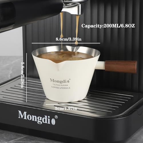 Mongdio Espresso Measuring Cup, Stainless Steel Espresso Shot Cups with Wooden Handle and Double Spouts, 6.8OZ/200ML, White - color: White, size: 6.8oz