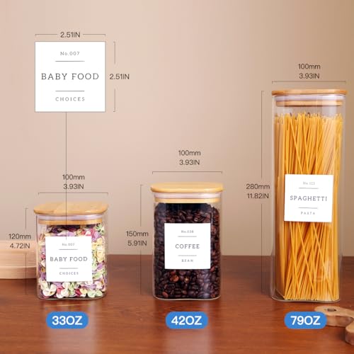 CZZGSM 5 Pack Square Glass Pantry Storage Containers with 132 Kitchen Food Pantry Labels - Clear Glass Jars with Airtight Wood Bamboo Lids - Glass Canisters for Cookies, Nuts, Cereal - color: 5 Pack