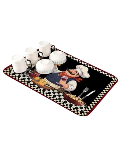 Black Kitchen Chef Dish Drying Mat for Kitchen Counter, Drying Mats Super Absorbent Microfiber Kitchen Countertop Protector Dishes Pad 16"x18", Vintage Cheese Wine Coking Checked - color: Black, White, Red, size: 18" x 16"