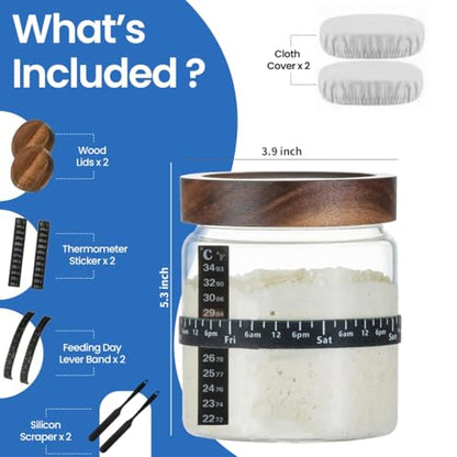 Sourdough Starter Jar Kit - Pack of 2, 35oz Wide Mouth Glass Jars for Sourdough Starter with Date Marked Feeding Scale, Thermometer, Cloth Cover, Scraper & Wooden Lid, Sourdough Jars