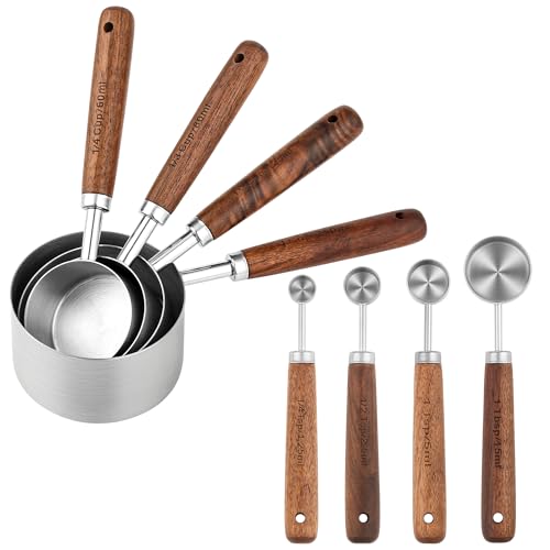 Measuring Cups and Spoons Set 8, 18/8 Stainless Steel Measuring Cups and Spoons Set for Baking and Kitchen, Metric & US Metal Measure Cup & Spoon with Wood Handle for Dry & Liquid - color: Siliver