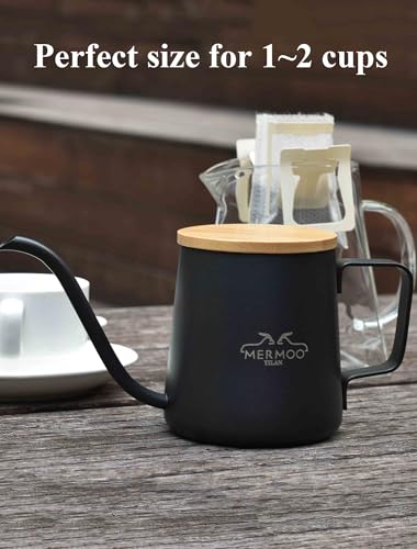 MERMOO YILAN Pour Over Coffee Kettle with Wooden Lid 12oz Coffee Maker | 304 Stainless Steel Coffee Pot |Gooseneck Pouring Kettle|Dishwasher Safe|for Camping,Home,Travel,Office - color: Black