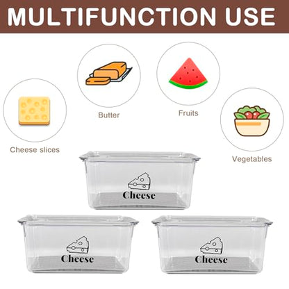 3 Pack Cheese Container Airtight with Draining Basket Cream Block Cheese Sliced Cheeses Box with Lid Saver for Fridge Deli Meat Storage Box,Cheeses Sliced,Grated,Cheddar Keeper - color: Clear - 3 Pack