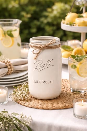 Ivory Painted Mason Jar | Vase for Flowers | 32 oz Quart Wide Mouth | 7" Height | Rustic Farmhouse Decor | Boho Decor | Kitchen Utensil Holder | Off White Vase | Flower Vase for Bouquet