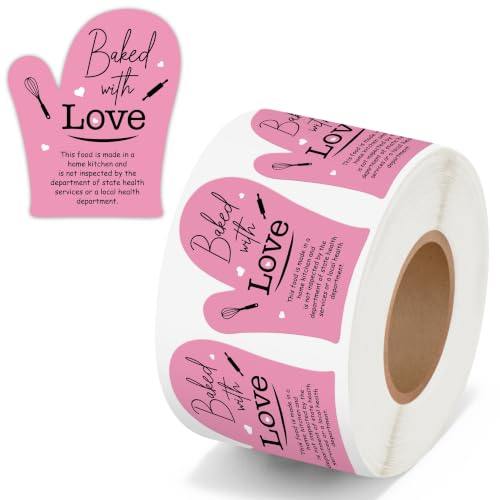 PANTIDE 500 Count Baked with Love Cottage Food Law Labels Stickers (Pink) | Adhesive Oven Mitt Shaped Decal Roll, Made in A Home Kitchen, Inspection Statement Thermal Printed, for Baked Food Packaging - color: Baked With Love Pink