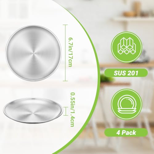 Stainless Steel Plates, 4 Set 6.7 inch Mini 201 Metal Food Serving Plate, Reusable Snack Eating Dishes Round Brushed Finish Silver Dinnerware Dish for BBQ Dinner Oven Dishwasher Safe - size: 6.7"