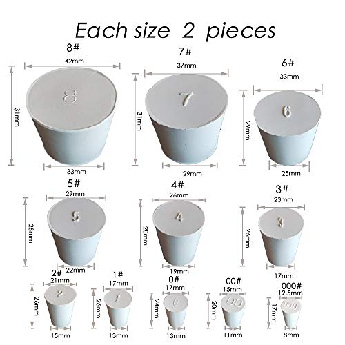 White Rubber Stoppers Assorted 000# - 8#,22Pack,8mm to 42mm,Also as Lab Rubber Stopper Used for Sealing Balloon Bottles,Water Tank Etc (Each Size 2 Pieces)
