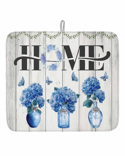 Dish Drying Mat for Kitchen Counter Blue Vase Drying Pad Absorbent Drying Mats for Countertops Sinks Draining Racks Eucalyptus in Mason Jars Home Drainer Kitchen Decor 16x18 Inch - color: Blue