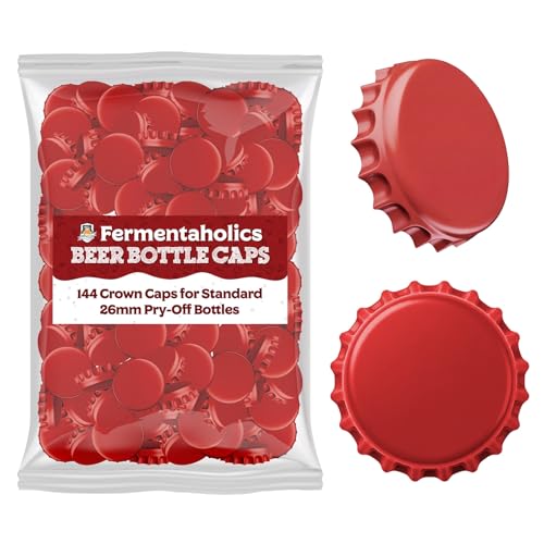 Fermentaholics Red Beer Bottle Caps - 144 Count Oxygen Absorbing Bottle Lids – 26mm Crown Caps for Homebrewing Beer, Cider, Soda, DIY Crafts and more – Fits Standard American Pry-Off Bottles