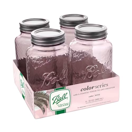 Ball Vintage Glass Mason Jars, 32 Oz Regular Mouth Quart Size, Durable Glass Storage Jars for Canning, Preserving, and Home Storage, Rose Color, 4 Count (Pack of 1) - color: Rose, size: 4 CT (Pack of 1)