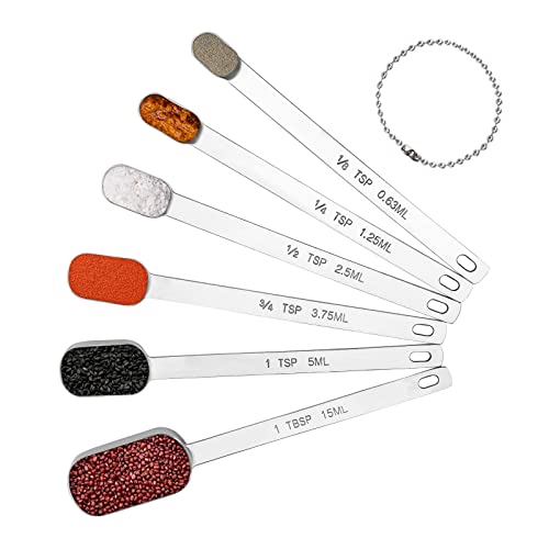 Long Handle Measuring Spoons Set of 6, Stainless Steel Measure Teaspoons, Metal Rectangular Bowl Tablespoon