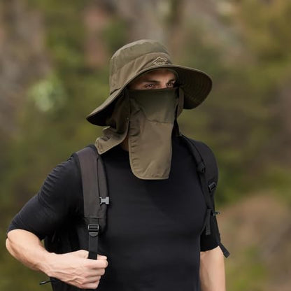 Sun Hats for Men Women Fishing Hat UPF 50+ Breathable Wide Brim Summer UV Protection Hat - color: Army Green(with Face Cover & Neck Flap )
