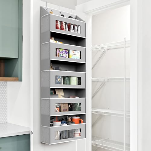 Simple Houseware Large Heavy Duty Over the Door Organizer with 5 Clear Window Pockets, 45 lbs Capacity for Pantry, Closet, Bathroom, Gray - size: 5 Pockets