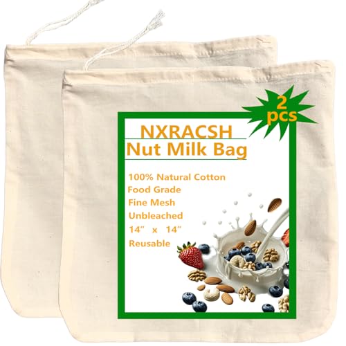 2 Pack XXL 14"x14" Nut Milk Bag - Unbleached Natural Cotton Cheese Cloths | Reusable Cheesecloth Strainer for Almond/Oat/Soy Milk, Juice, Cold Brew Coffee, Yogurt, Wine, Soup | Triple Stitched - size: 14" x 14"