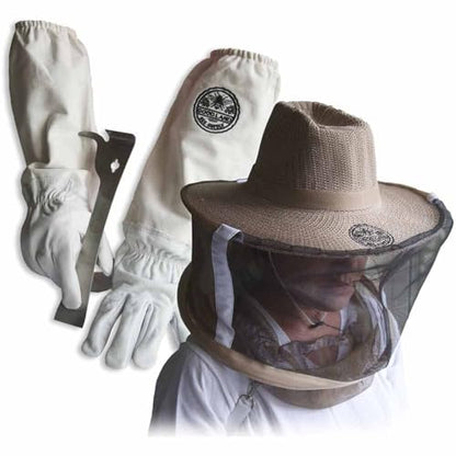 GL-GLV-JHK-VL-Large Sheep Skin Beekeeping Protective Gloves with Canvas Sleeves and Beekeeping Hat Includes Round Veil - Large & J-Hook Beehive Scraper Tool