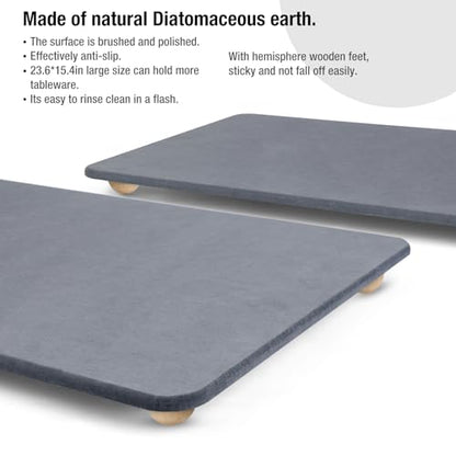 Large Stone Dish Drying Mat for Kitchen Counter, 18"×14" Quick Dry Super Absorbent Eco-Friendly Diatomaceous Earth Stone Mat with hemisphere wooden feet, Non-slip, Heat Resistant, Multi-purpose mats - size: 18" x 14"