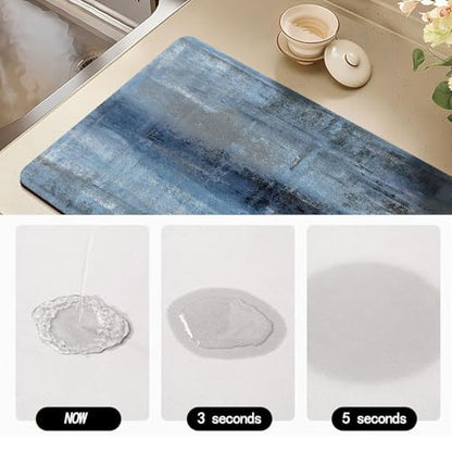 Dish Drying Mat for Kitchen Counter, Blue and Grey Abstract Art, Absorbent Quick Dry Pad with Rubber Backing, Draining Mat Dish Rack Pad for Dishes, Utensils, Countertops, Sinks 12" x 20 - color: Blue and Grey