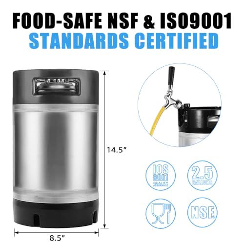 2PCS 2.5 Gallon Corny Keg Ideal for Brewing Party Home Ball Lock Keg | 304 Stainless Steel, Dual Rubber Handles Rubber Bottom, Portable Ball Lock Beer Dispenser Lid Fittings,NSF Certification