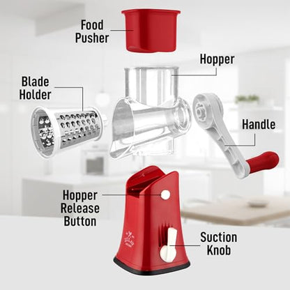 Zulay Kitchen Rotary Cheese Grater 5 Blade Cheese Shredder - Manual Hand Crank Cheese Grater With Reinforced Suction & 5 Interchangeable Drums - Easy to Use, Vegetable Chopper Round Mandoline Slicer - color: White and Red