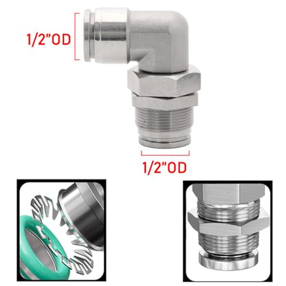 2Pcs 304 Stainless Steel Bulkhead Elbow 1/2" x 1/2" Tube OD Push to Connect Fitting, PLM-1/2 Bulkhead 90 Degree Elbow Pneumatic Quick Connect Air Fitting - size: 1/2" x 1/2"