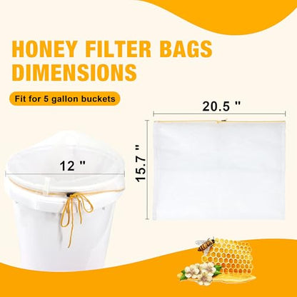 6 Pcs Honey Filter Bag,Ultra-Fine Food Grade Mesh Nylon Strainer with Adjustable Drawstring,5 Gallon Bucket Honey Extraction,Honey Strainer Reusable and Washable