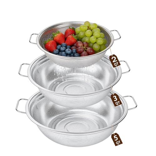 Stainless Steel Colander Set of 3 - Micro-Perforated Metal Strainer for Draining Pasta, Washing Rice & Rinsing Vegetables - Heavy Duty & Dishwasher Safe Kitchen Colanders - 2, 3, 5 Quart - color: Stainless Steel
