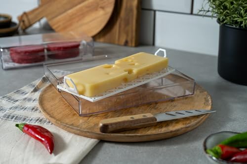 Pikanty Cheese Container for Refrigerator with Removable Tray - Clear Plastic Keeper for Block, Sliced, and Specialty Cheeses, Fits Fridge Door, Hinged Lid, Dishwasher Safe, Made in USA - style: Cheese Storage Container