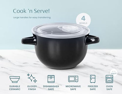 KooK French Onion Soup Crocks with Handles, Ceramic Bowls, for Rice, Dessert, Pasta, Dishwasher, Microwave, Oven & Broil Safe, Black, Set of 4, 18 oz - color: Black