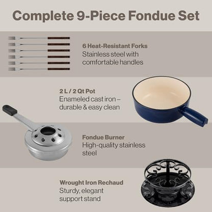 Swissmar Lugano Cast Iron Cheese Fondue Set, 9-Piece, 2 QT / 2 L - Ideal for Melting Cheese, Chocolates, Caramel, & More - Perfect for Kitchen Collection & Gift Giving - Deep Blue - color: Deep Blue