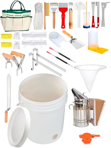 30 PCS Beekeeping Supplies, Beekeeping Tool Kit | Includes Bee Smoker, 5 Gallon Honey Bucket, Queen Bee Cage, Bee Hive Feeder, Beehive Tools for Beginners and Beekeepers