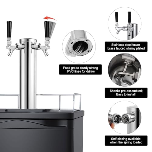 FERRODAY Kegerator Tower Dual Faucet Beer Tower Double Tap Beer Tower Dispenser Beer Tap Kegerator Parts Stainless Steel Tower Brass Faucet Stainless Core Pre-assembled Lines 3" Keg Tower Beer Keg Tap - size: Dual Tap-Brass Faucet