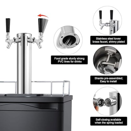 FERRODAY Kegerator Tower Dual Faucet Beer Tower Double Tap Beer Tower Dispenser Beer Tap Kegerator Parts Stainless Steel Tower Brass Faucet Stainless Core Pre-assembled Lines 3" Keg Tower Beer Keg Tap - size: Dual Tap-Brass Faucet