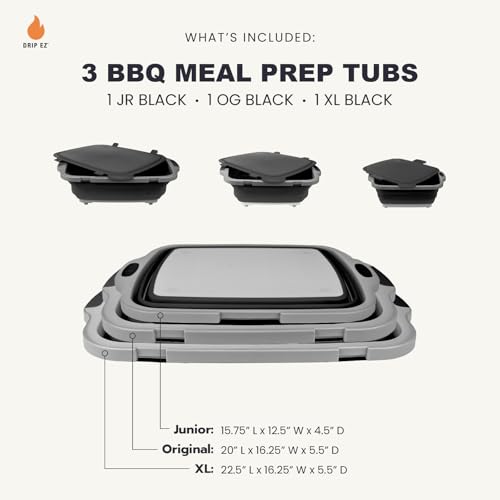 Drip EZ Collapsible BBQ Prep Tubs 3-Piece Set- For Meal Prep Marinating Food Storage - Includes Cutting Board & Lid - (1) JR + (1) OG + (1) XL - Black - color: Black