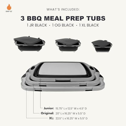 Drip EZ Collapsible BBQ Prep Tubs 3-Piece Set- For Meal Prep Marinating Food Storage - Includes Cutting Board & Lid - (1) JR + (1) OG + (1) XL - Black - color: Black