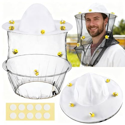 Bee Keeper Hat with Veil, Beekeeper Hat Costume, Adjustable Bee Keeper Suit, Including 2pcs Beekeeping Hat with Veil and 10 Round Double Sided Tape, Beekeeping Supplies