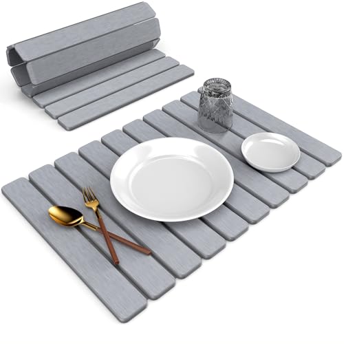 Large Stone Dish Drying Mat for Kitchen Counter, 24"(L)×16"(W), Collapsible Quick Dry Stone Dish Mats, Super Absorbent Diatomaceous Earth Drying Pad for Dishes Bottles Cups, Countertops (Light Grey) - color: Light Grey