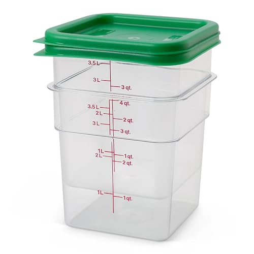 Cambro Food Storage Container with Lid (2 Pack) - Classic Series Square with Green Lid - 4 QT (Quart) - Commercial Grade for Food Prep (Clear) - size: 4 QT + Lid