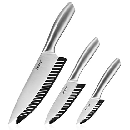 hecef Silver Kitchen knife set of 3, Satin Finish Blade with Hollow Handle, includes 8" Chef, 5" Utility and 3.5" paring knife - style: 3 PCS