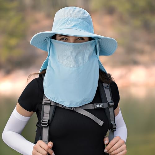 Sun Hats for Men Women Fishing Hat UPF 50+ Breathable Wide Brim Summer UV Protection Hat - color: Blue(with Face Cover & Neck Flap )