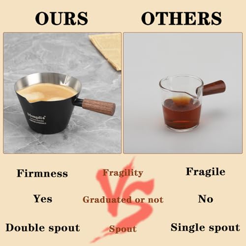 Mongdio 2 Pcs Espresso Measuring Cup, Stainless Steel Espresso Shot Cups with Wooden Handle and Double Spouts, 6.8OZ/200ML, Black - color: Black 2 pcs, size: 6.8oz