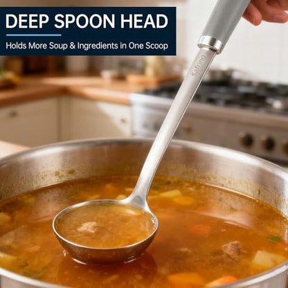 Safring Stainless Steel Soup Ladle and Spaghetti Spoon Set, Heat Resistant Rubber Handle, Dishwasher Safe, Kitchen Utensils for Cooking, Stirring, Serving Pasta, Soup & Sauce (Gray) - color: Gray