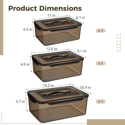 3 Pcs Food Storage Containers with Lids, Food-Safe Stackable Clear Rectangular Design, Leak-Proof Plastic Food Brining Containers for Meat, Great for Kitchen, Refrigerator