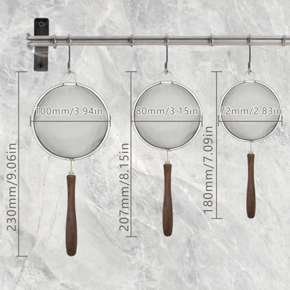 3 Set Mesh Strainer for Kitchen, Colander Skimmer 304 Stainless Steel with Wooden Handle, Sieve Sifters for Food, Tea, Rice, Oil, Noodles, Fruits, Vegetable