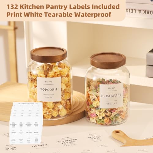 2 Pack Glass Food Storage Containers with Airtight Acacia Wood Lids and 132 Kitchen Pantey Labels Preprint - 43 LF OZ Borosilicate Glass Canister Sets for Food,Coffee,Cookie,Tea,Candy,Sugar - size: 45oz-2 Pack