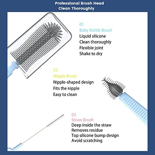 Travel Bottle Cleaner Kit, Silicone Baby Bottle Brush Set with Bottle Brush, Drying Rack, Nipple Brush,Straw Brush,Soap Dispenser, Portable Baby Bottle Brush Cleaner for Home and Travel,Blue - color: Light Blue