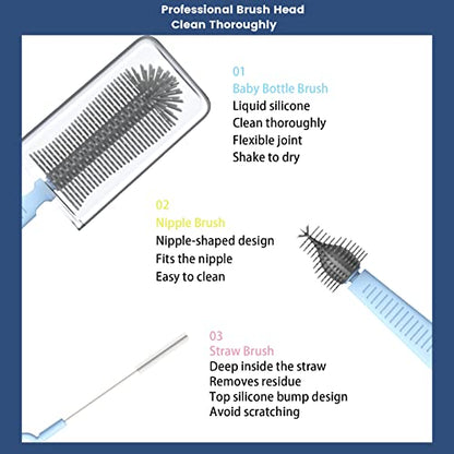 Travel Bottle Cleaner Kit, Silicone Baby Bottle Brush Set with Bottle Brush, Drying Rack, Nipple Brush,Straw Brush,Soap Dispenser, Portable Baby Bottle Brush Cleaner for Home and Travel,Blue - color: Light Blue