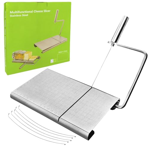Cheese Slicer with Cutting Board and Measuring Grid, Adjustable Stainless Steel Wire Cheese Cutter for Block Cheese, Includes 5 Replacement Wires, Easy to Clean and Use