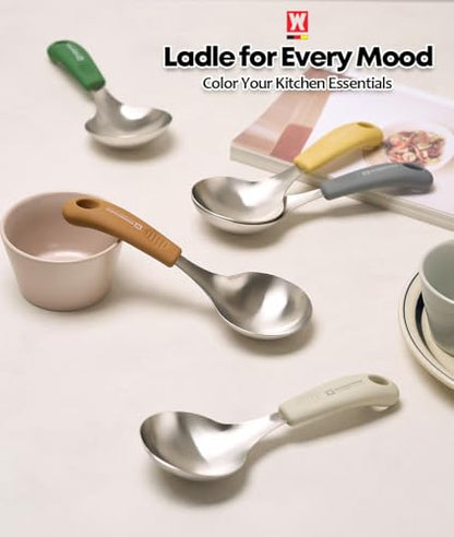Short Stainless Steel Ladle 220mm (8.6”) – SUS304 Thick Deep Bowl Head with Soft-Grip Silicone Handle – Lightweight Mini Soup & Serving Spoon for Cooking – 5 Color Options (Brown) - color: Brown